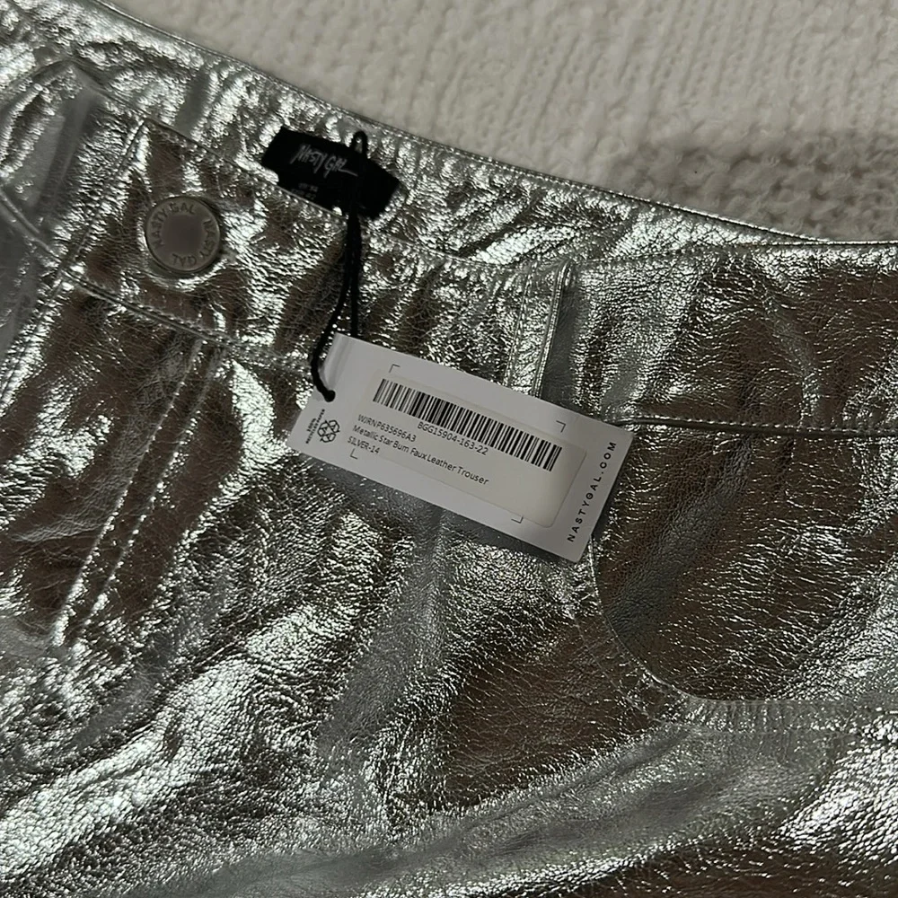 NASTY GAL Metallic Star Bum Faux Leather Trousers Silver Pants - Picture 12 of 12